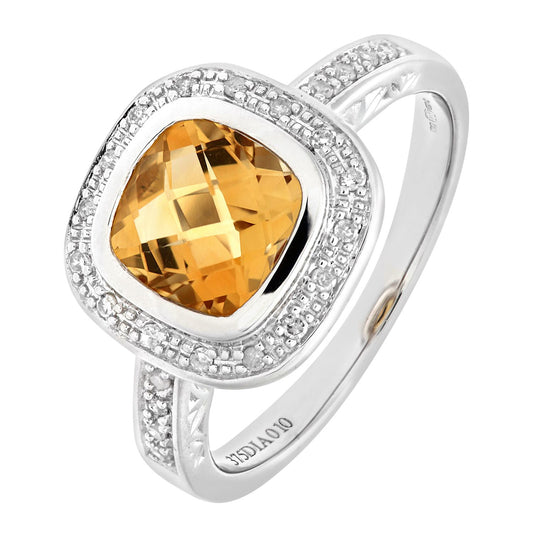 9ct White Gold Diamond Citrine Cushion Halo Solitaire Ring 12mm - PR0AXL6226WCT