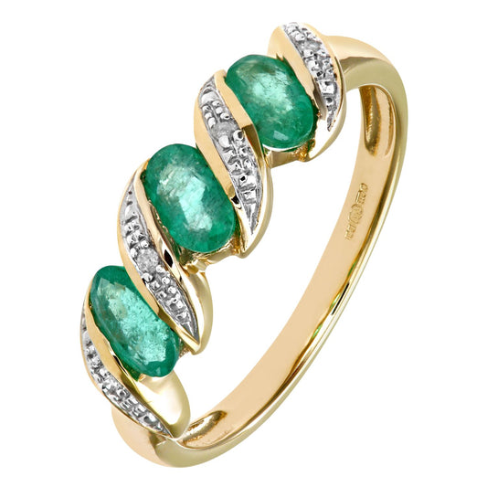 9ct Gold Diamond Oval Emerald Wavy Ribbon Pod Trilogy Ring 2mm - PR0AXL6270YEM