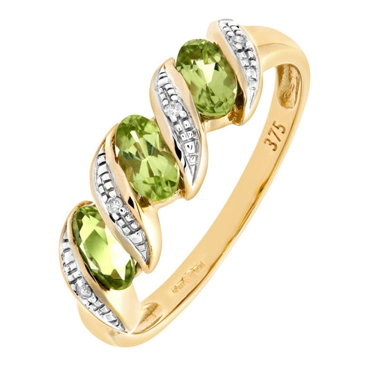 9ct Gold Diamond Oval Peridot Wavy Ribbon Pod Trilogy Ring 2mm - PR0AXL6270YPD