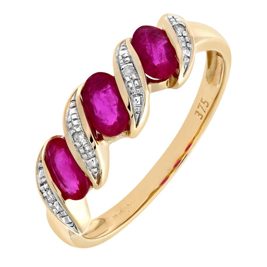 9ct Gold Diamond Oval Ruby Wavy Ribbon Pod Trilogy Ring 2mm - PR0AXL6270YRU