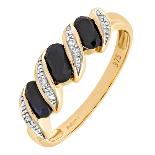 9ct Gold Diamond Oval Sapphire Wavy Ribbon Pod Trilogy Ring 2mm - PR0AXL6270YSA