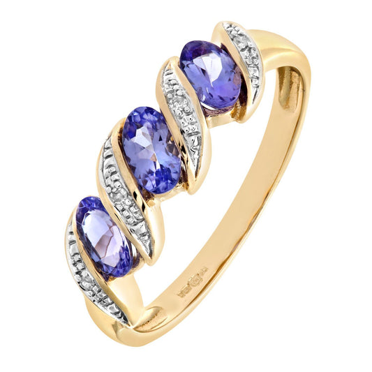 9ct Gold Diamond Oval Tanzanite Wavy Ribbon Pod Trilogy Ring 2mm - PR0AXL6270YTanz