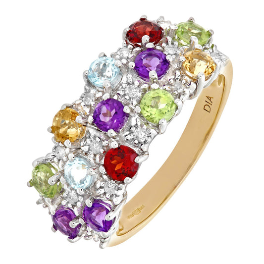 9ct Gold Diamond Amethyst 3 Row Multi Colour Rainbow Dress Ring - PR0AXL6445YMULTI