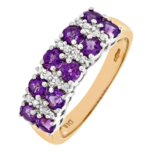 9ct Gold Diamond Amethyst Double Row Stripey Eternity Ring 3mm - PR0AXL6446YAM