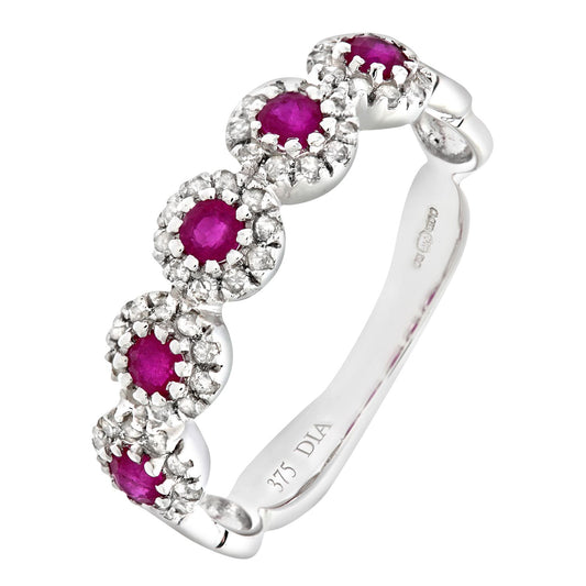 9ct White Gold Diamond Ruby Bubble Halo Pentalogy Eternity Ring - PR0AXL6629WRU