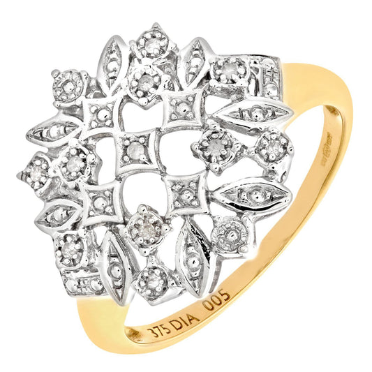 9ct Gold Round 5pts Diamond Art Deco Flower Dome Cluster Ring - PR0AXL6727Y