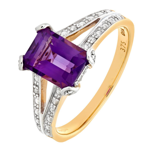 9ct Gold Diamond Emerald Cut Amethyst Art Deco Solitaire Ring - PR0AXL6767YAM