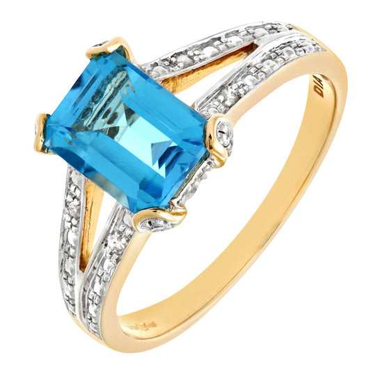 9ct Gold Diamond Emerald Cut Blue Topaz Art Deco Solitaire Ring - PR0AXL6767YBT