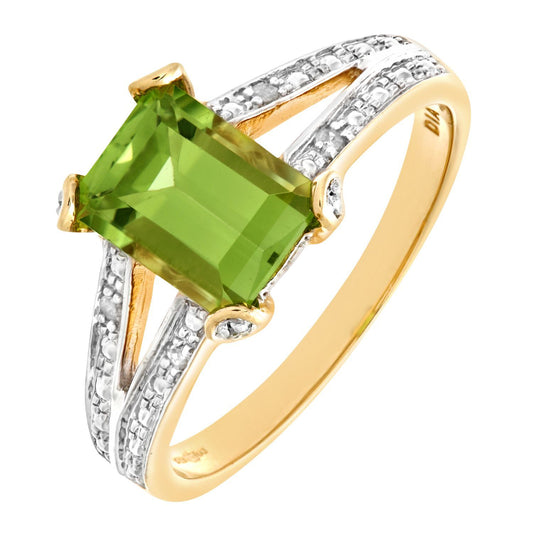 9ct Gold Diamond Emerald Cut Peridot Art Deco Solitaire Ring - PR0AXL6767YPD