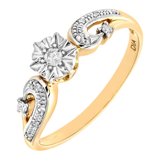 9ct Gold 10pts Diamond Ribbon Wave Illusion Star Solitaire Ring - PR0AXL6811Y