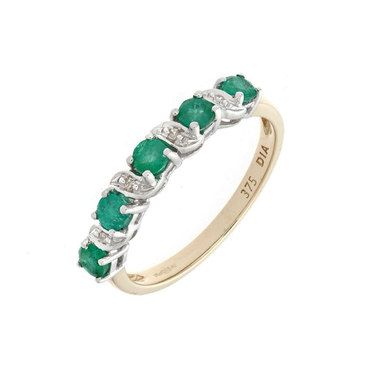 9ct Gold Diamond Emerald Ribbon Wave 5 Stone Eternity Ring 2mm - PR0AXL6899YEM