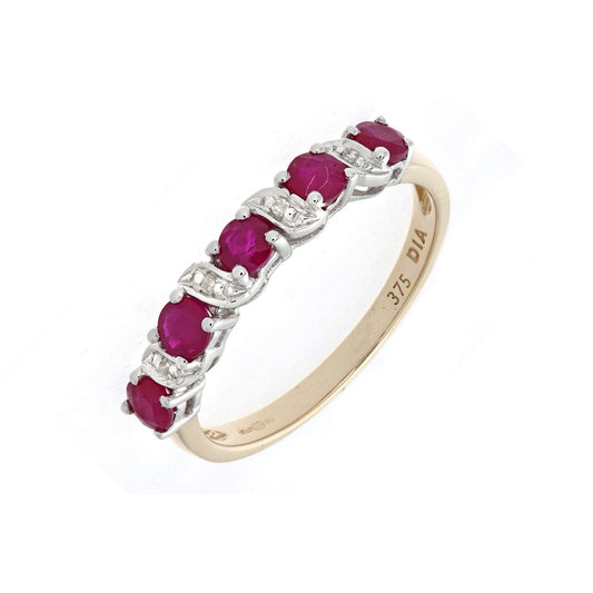 9ct Gold Diamond 0.8ct Ruby Ribbon Wave 5 Stone Eternity Ring 2mm - PR0AXL6899YRU