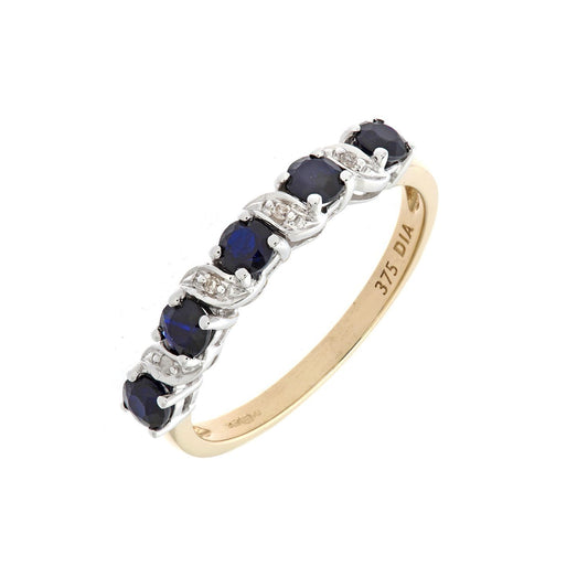9ct Gold Diamond Sapphire Ribbon Wave 5 Stone Eternity Ring 2mm - PR0AXL6899YSA