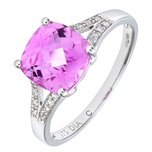 9ct White Gold Diamond Cushion Created Sapphire Solitaire Ring - PR0AXL7210WCrtdPinkSa