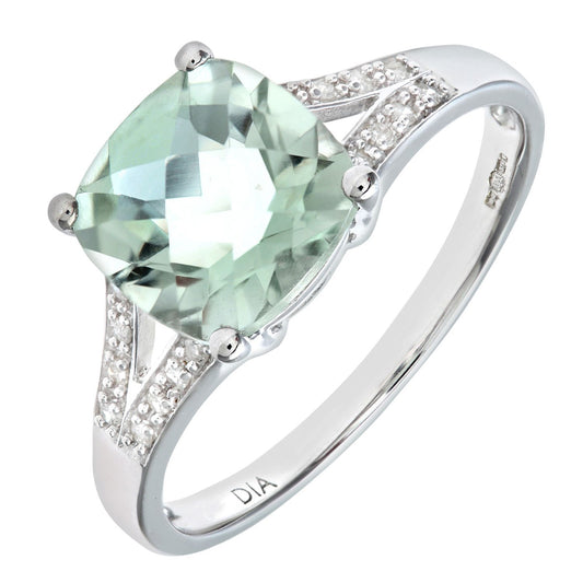 9ct White Gold Diamond Cushion Amethyst Split Pave Solitaire Ring - PR0AXL7210WGreenAM