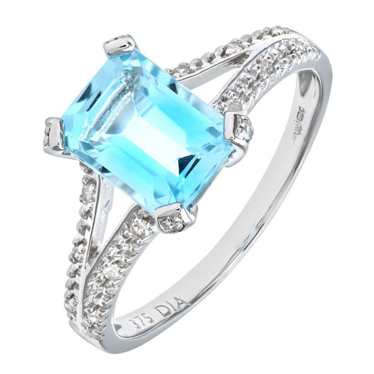 9ct White Gold Diamond Emerald Cut 2ct Blue Topaz Solitaire Ring - PR0AXL7262WBT