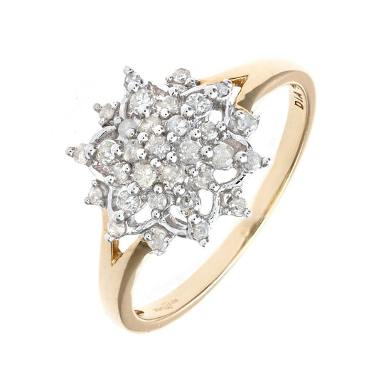 9ct Gold Round 0.3ct Diamond Tiered Snowflake Cluster Ring - PR0AXL7389Y