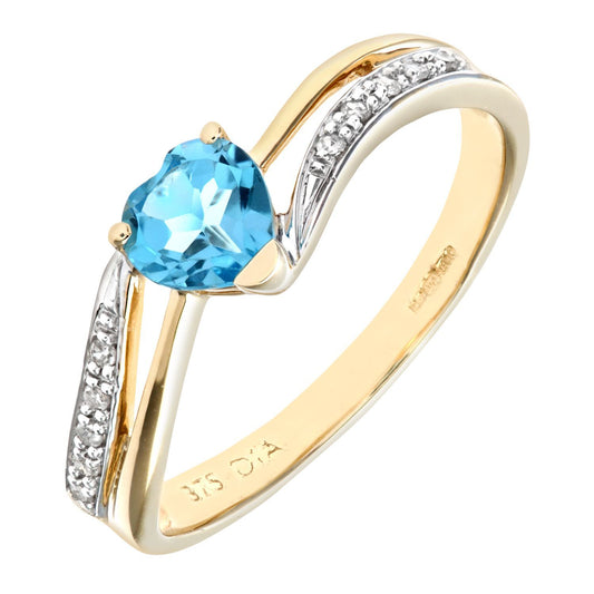 9ct Gold Diamond Heart 0.6ct Blue Topaz Split Love Heart Ring - PR0AXL7447YBT