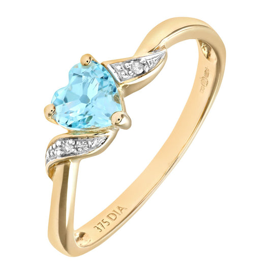 9ct Gold 1pts Diamond Heart 0.55ct Blue Topaz Heart Ring - PR0AXL7486YBT