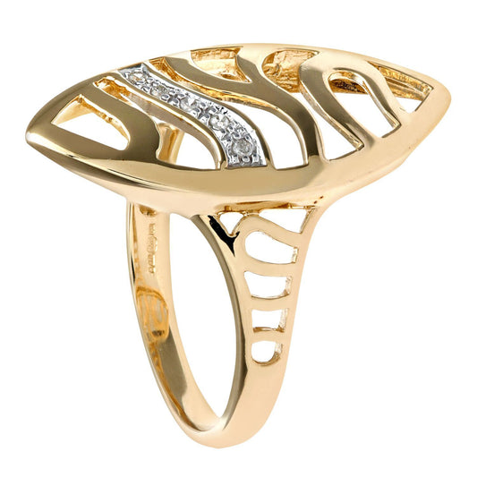 9ct Gold 2pts Diamond Pave Cut-out Leaf Marquise Dress Ring 24mm - PR0AXL7770Y