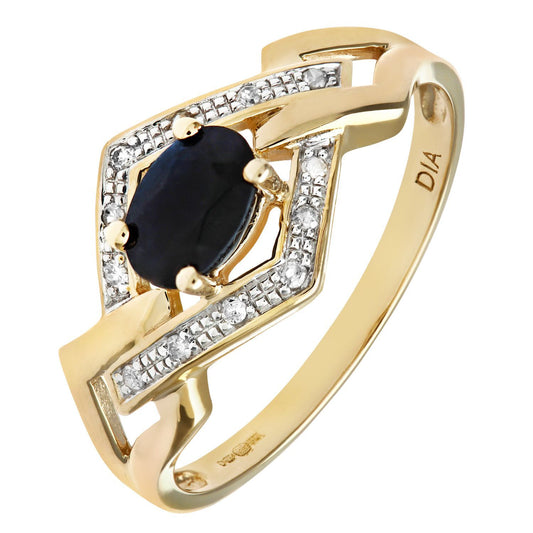 9ct Gold Diamond Oval Sapphire Art Deco Rhombus Solitaire Ring - PR0AXL8181YSA