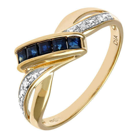 9ct Gold 2pts Diamond Square 0.28ct Sapphire Crossover Dress Ring - PR0AXL8829YSA