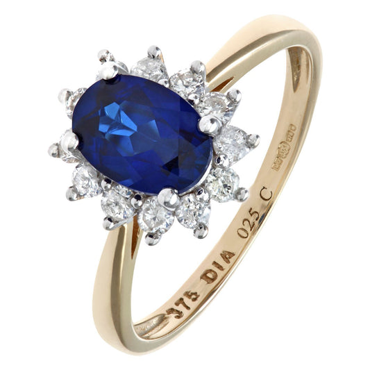 9ct Gold 1/4ct Diamond Oval Sapphire Royal Oval Cluster Ring 10mm - PR1AXL0470YSA