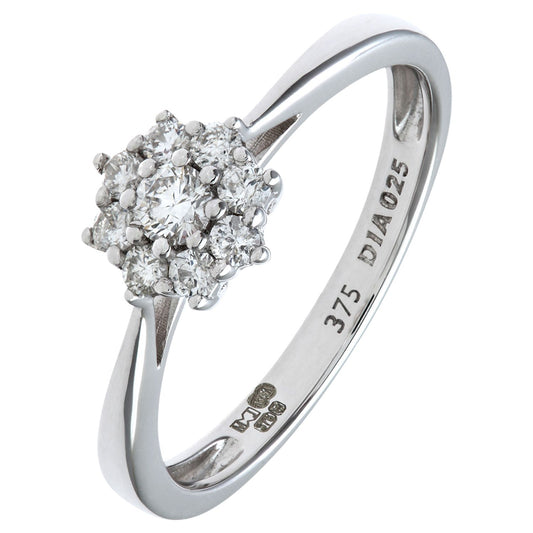 9ct White Gold Round 1/4ct Diamond 9 Stone Cluster Ring 7mm - PR1AXL1539W