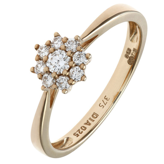 9ct Gold Round 1/4ct Diamond 9 Stone Cluster Ring 7mm - PR1AXL1539Y