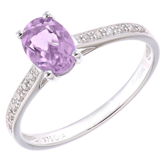 9ct White Gold 5pts Diamond Oval 0.82ct Amethyst Solitaire Ring - PR1AXL2259WAM