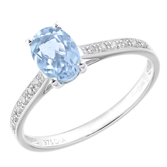 9ct White Gold 5pts Diamond Oval 0.92ct Blue Topaz Solitaire Ring - PR1AXL2259WBT