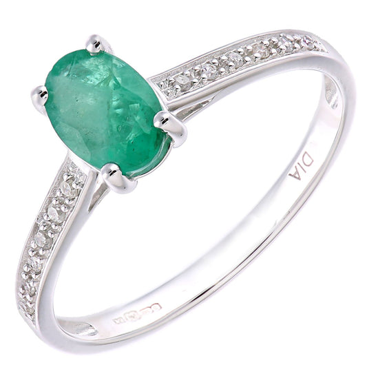 9ct White Gold 5pts Diamond Oval 0.79ct Emerald Solitaire Ring - PR1AXL2259WEM