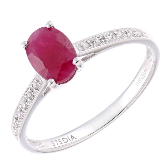 9ct White Gold 5pts Diamond Oval 1.2ct Ruby Solitaire Ring - PR1AXL2259WRU