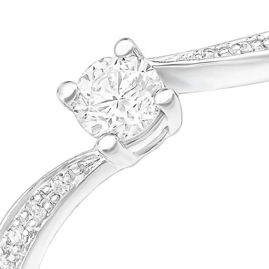 9ct White Gold 20pts Diamond 5pts Ribbon Tail Pave Solitaire Ring - PR1AXL2351W