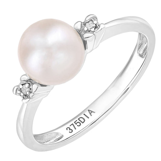 9ct White Gold Diamond Pearl 7mm Full Moon Accented Dress Ring - PR1AXL2581WPRL