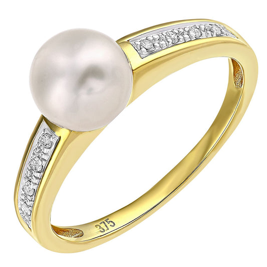 9ct Gold 4pts Diamond Pearl 7mm Pave Full Moon Dress Ring - PR1AXL2583YPRL