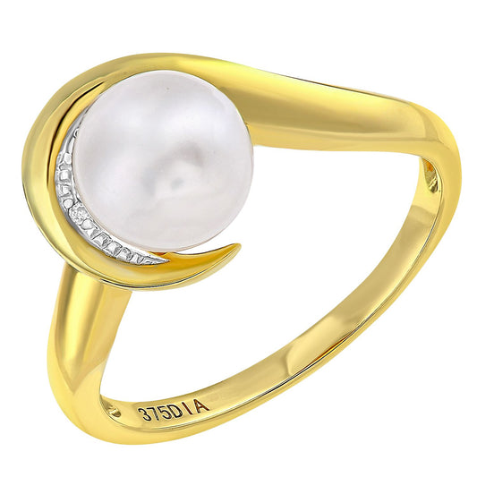 9ct Gold Diamond Pearl 8mm Snake Tail Wrap Full Moon Dress Ring - PR1AXL2586YPRL