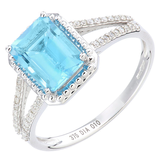 9ct White Gold Diamond Octagon 1.89ct Blue Topaz Bead Halo Ring - PR1AXL2705WBT