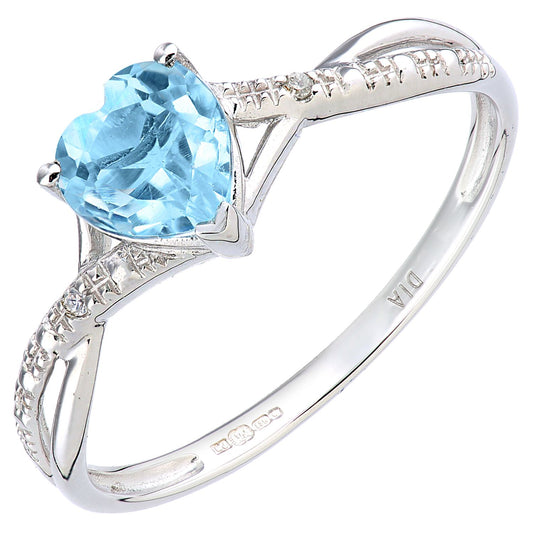 9ct White Gold Diamond Heart 0.98ct Blue Topaz Heart Dress Ring - PR1AXL2710WBT