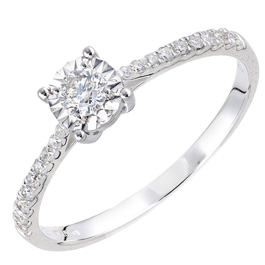 18ct White Gold 14pts Diamond 13pts Pave Illusion Solitaire Ring - PR1AXL2735W18