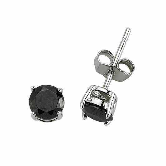 Silver Black CZ Double Gallery Solitaire Stud Earrings 5mm 1.00ct - RD5BLK