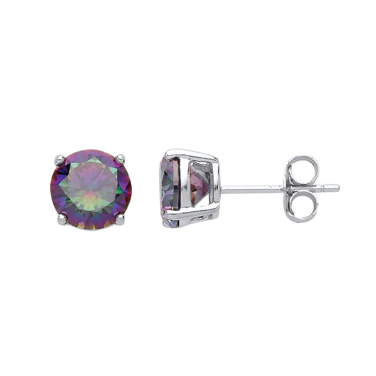 Silver Rainbow Quartz CZ Double Gallery Stud Earrings 7mm 2.60cts - RD7MQ