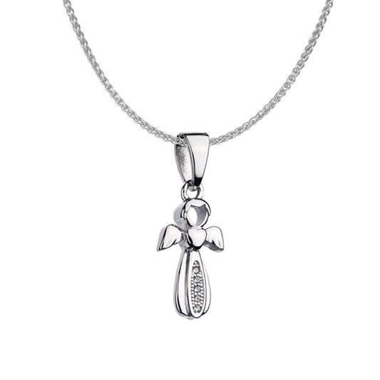 Sterling Silver CZ Angel Design Cross Charm Necklace 16>18 inch - RE14894