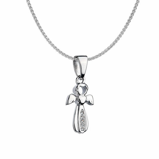 Sterling Silver CZ Angel Design Cross Charm Necklace 16>18 inch - RE14894
