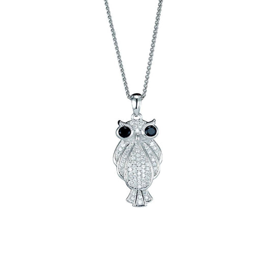 Sterling Silver Black CZ Big Eyed Wise Owl Necklace 16>18 inch - RE30424BZ