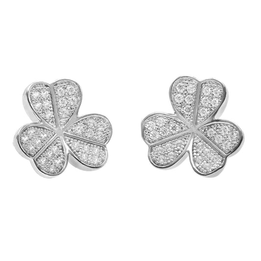 Sterling Silver CZ Lucky Concaved Clover Leaf Stud Earrings - RE3684
