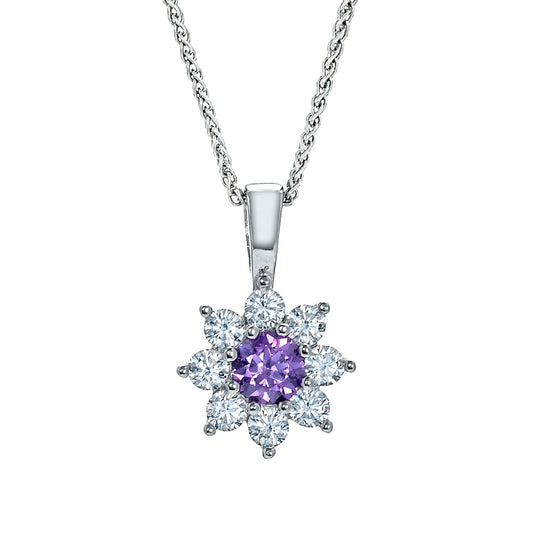 Sterling Silver Purple CZ Classic Royal Cluster Necklace 18inch - RE42104AM