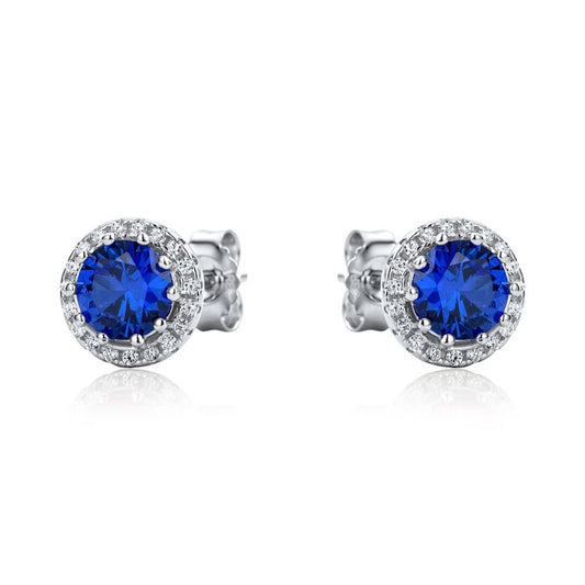 Sterling Silver Blue CZ Halo Cluster Solitaire Stud Earrings - RE42464SP