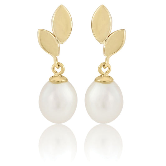 Ladies 9ct Gold Leaf Cultured Oval Pearl Drop Earrings 7mm - SENR02560