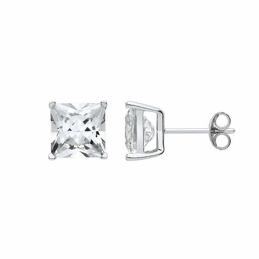 Silver Princess Cut CZ 4 Claw Stud Earrings 10mm 11.00cts - SQ10